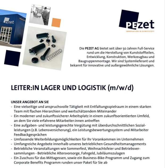 Karrierechancen bei PEZET AG! 🌟

Wir bei der PEZET AG suchen nach talentierten und motivierten Teammitgliedern, die mit uns gemeinsam wachsen möchten! Aktuell haben wir spannende Stellen zu besetzen:

LAGER:IN LAGER UND LOGISTIK (m/w/d)

Wenn du auf der Suche nach einer neuen Herausforderung bist und Teil eines dynamischen Teams werden möchtest, dann freuen wir uns auf deine Bewerbung!

👉 Besuche unsere Website www.pezet.de/karriere/ für weitere Informationen und um dich zu bewerben.

Teile diesen Beitrag gerne mit Freunden, die interessiert sein könnten! 💼✨

#karriere #jobangebote #pezetag #teamverstärkung